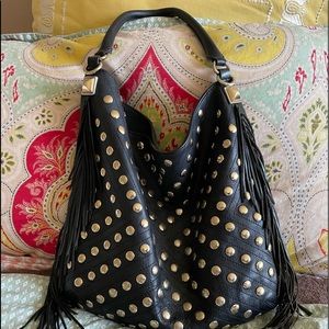 Rebecca Minkoff Hobo Shoulder Bag, Black with fringe and gold/brass studs